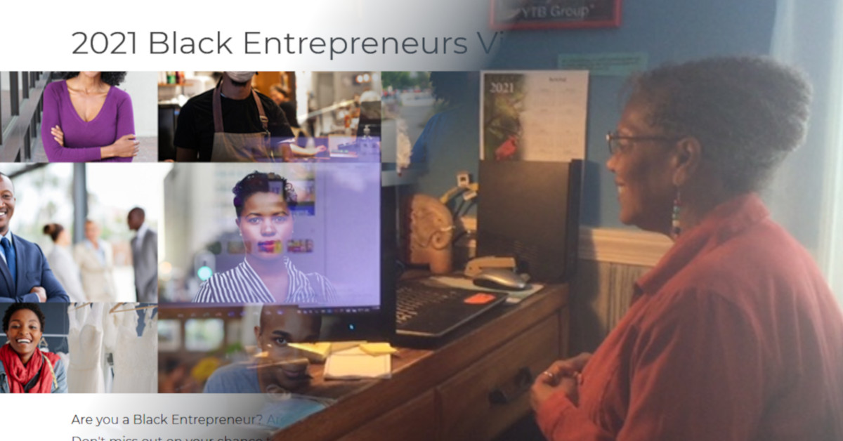 Blended image of the 2021 Black Entrepreneurs Virtual Pitch Event graphic and Deborah Pair Chandler (CEO/Founder) during SCORE Virtual Pitch