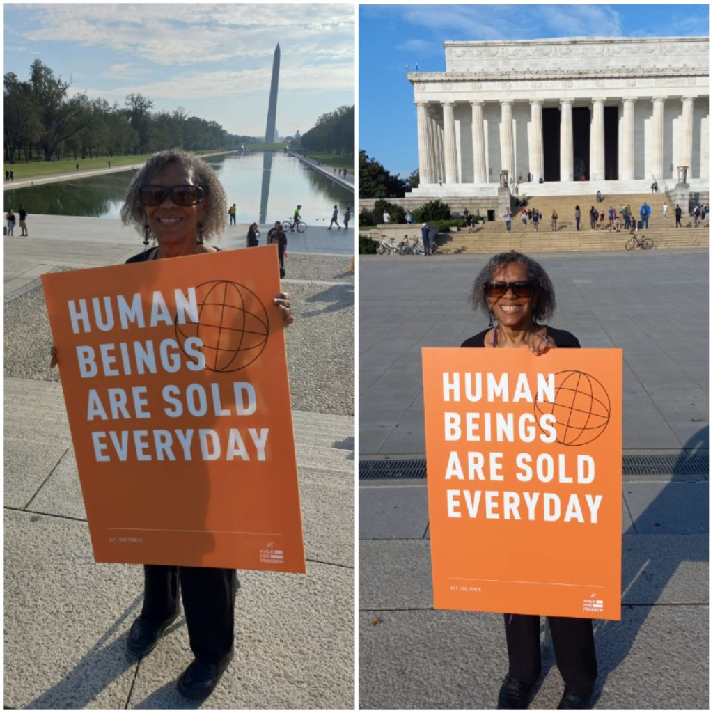 From The Scroll CEO/Founder, Deborah Pair Chandler holding a sign at the A21 Global Event: Walk For Freedom demonstration at the nation's capital